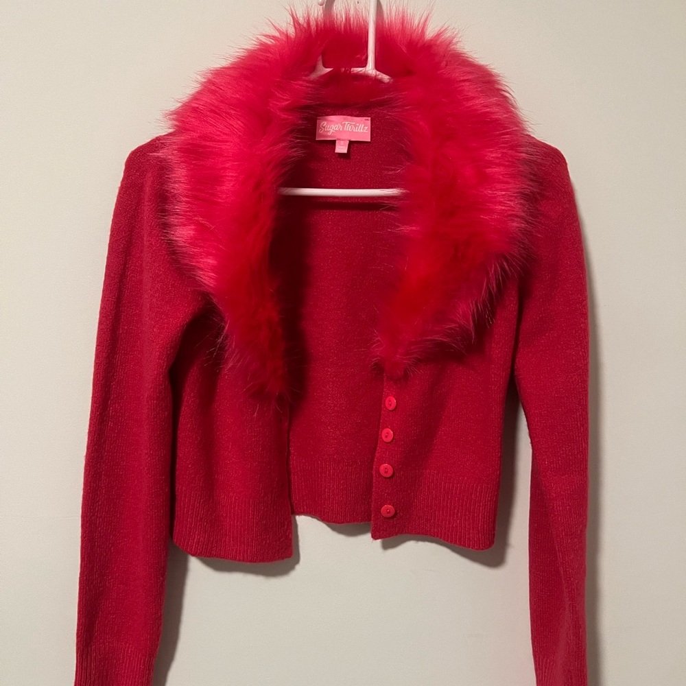 Sugar Thrillz Red Faux Fur Collar Cardigan